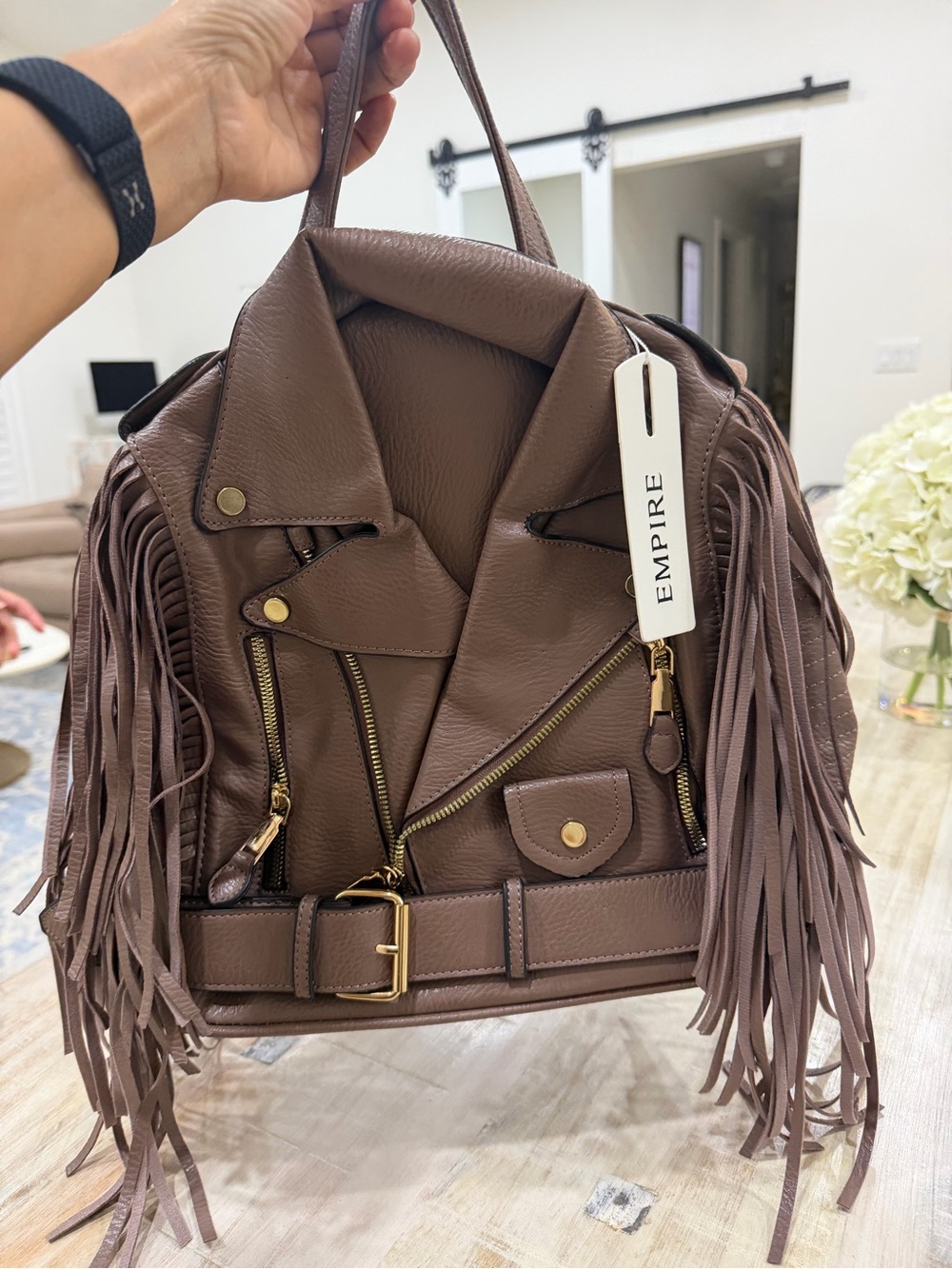 Empire Brown Fringe Moto-Style Shoulder Bag